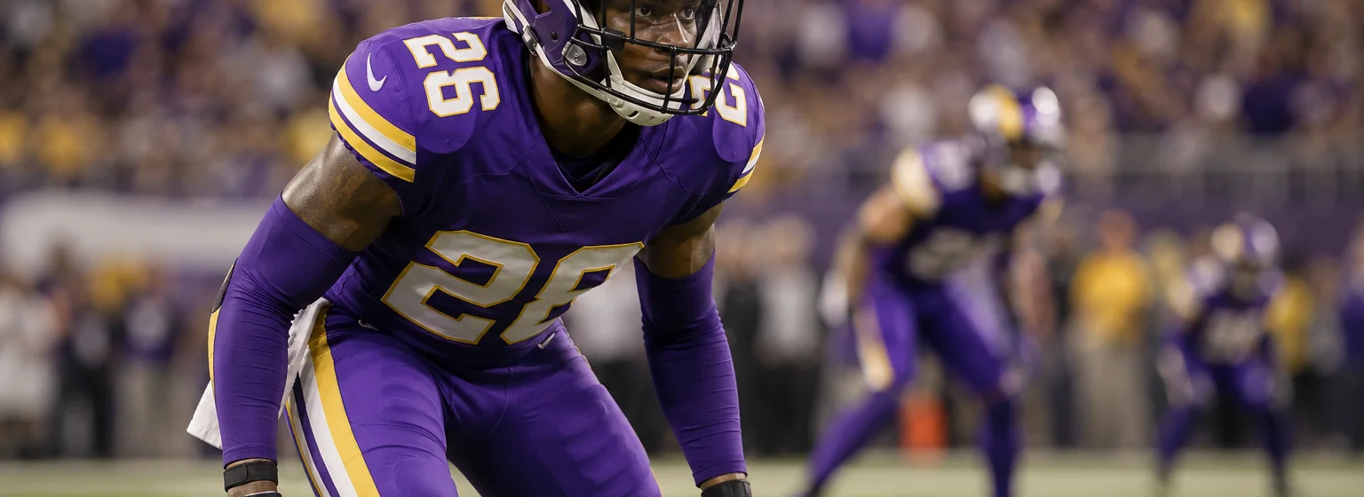 A Minnesota Vikings defensive back set in his stance during an afternoon game