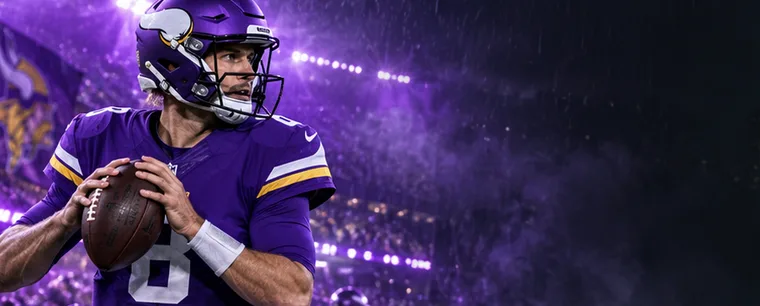 A Vikings quarterback drops back to pass in front of a purple crowd