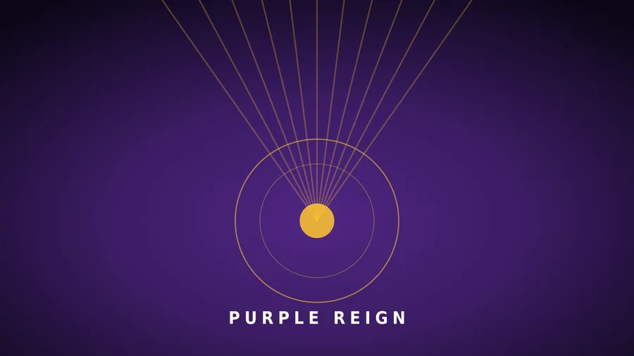 Purple Reign wallpaper: gold rings and rays around a gold circle on purple, reading Purple Reign