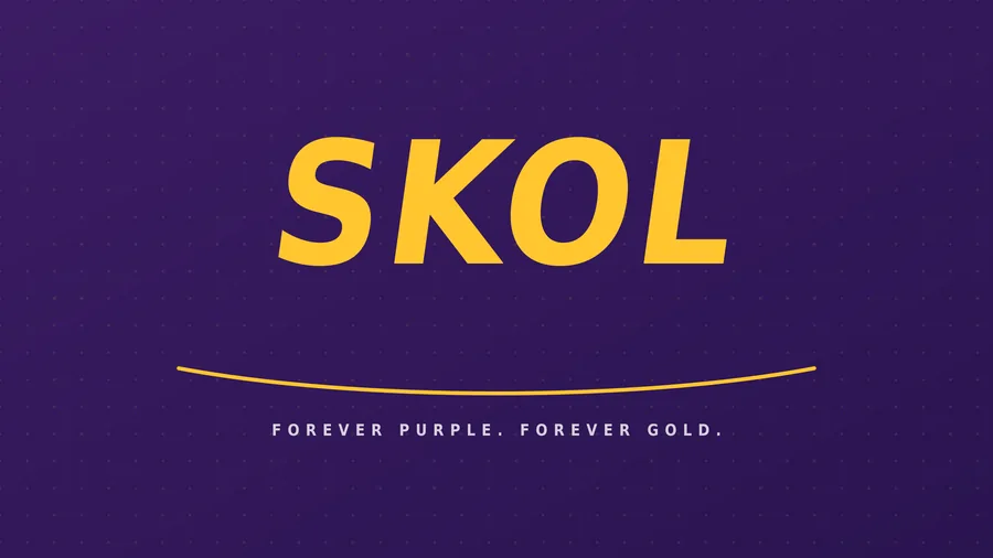 Skol Wordmark wallpaper: large gold SKOL on purple, reading Forever purple. Forever gold.