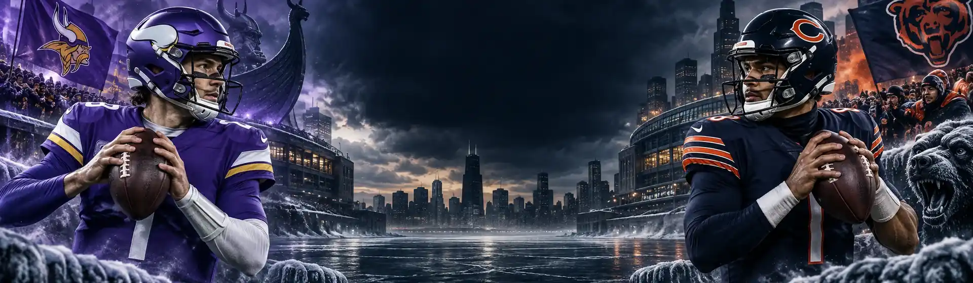 Vikings and Bears quarterbacks on either side of a stormy Chicago skyline
