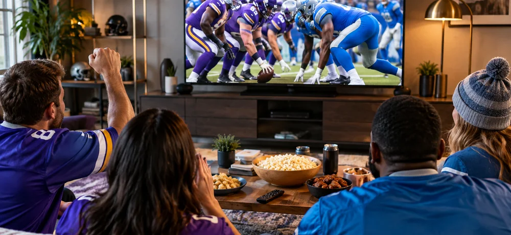 Fans watching Vikings vs Lions on a television at home
