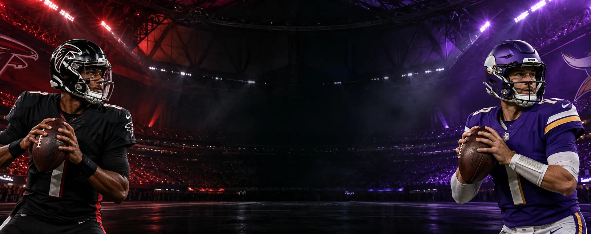 Atlanta Falcons and Minnesota Vikings players at U.S. Bank Stadium