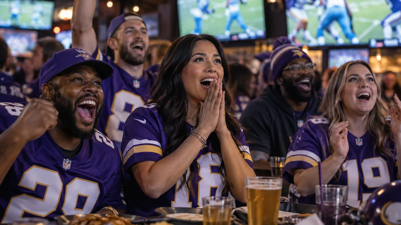 Falcons and Vikings fans watching an NFL game in a sports bar